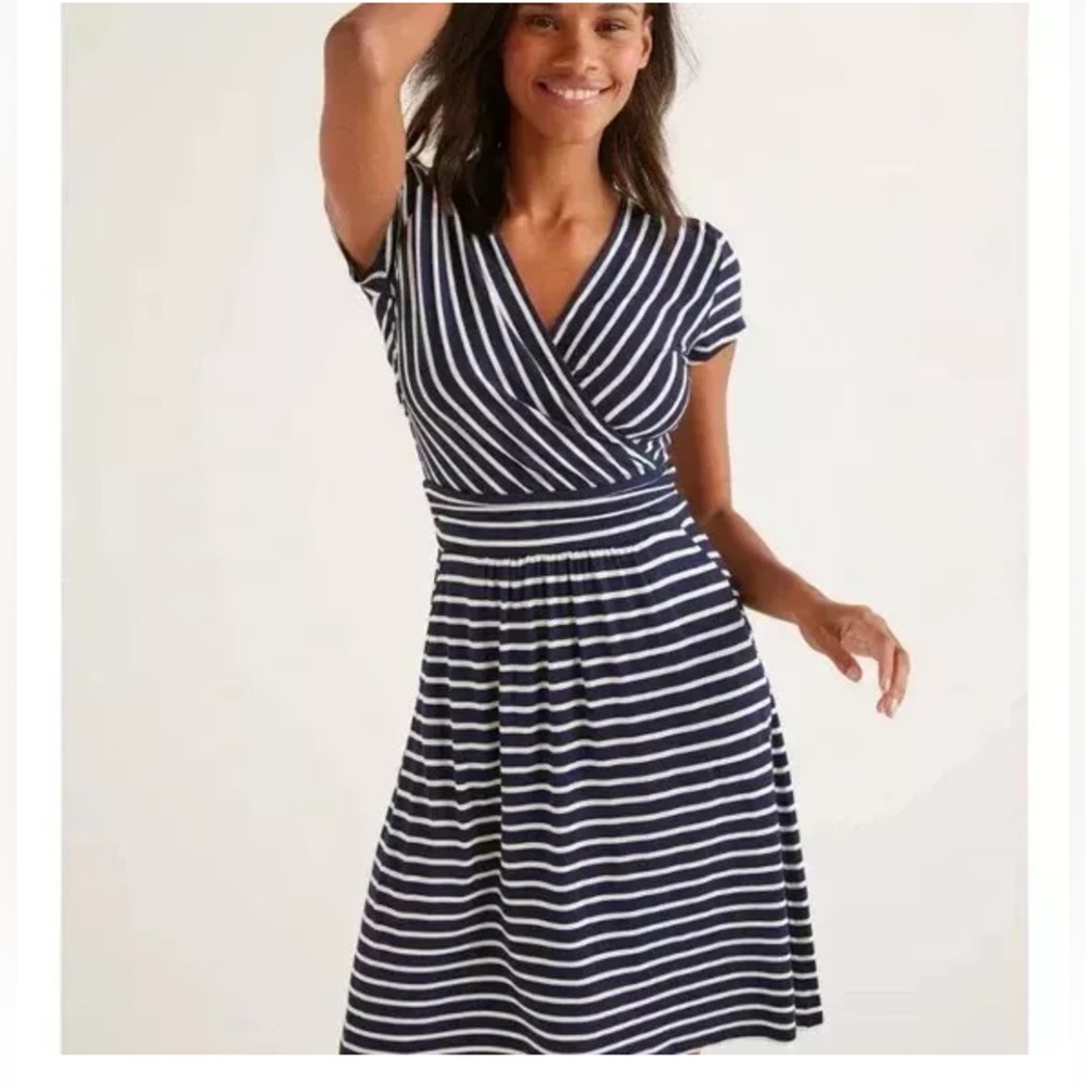 Boden Lola Cotton Jersey Knit Navy White Striped Dress